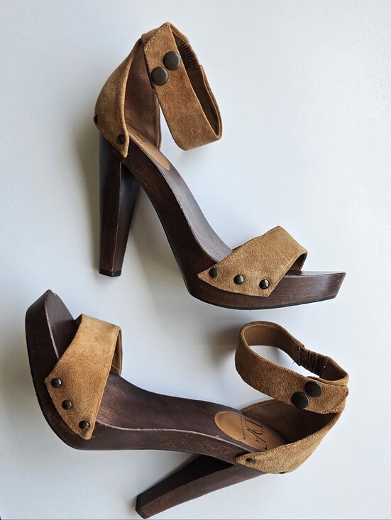 Diane Von Furstenberg Shoes - DVF Suede Caramel Wooden High Heel Ankle Strap Sandals